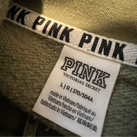 Pink Victoria Secret green long sleeve stripe detail kangaroo pocket pullover L - Picture 8 of 9